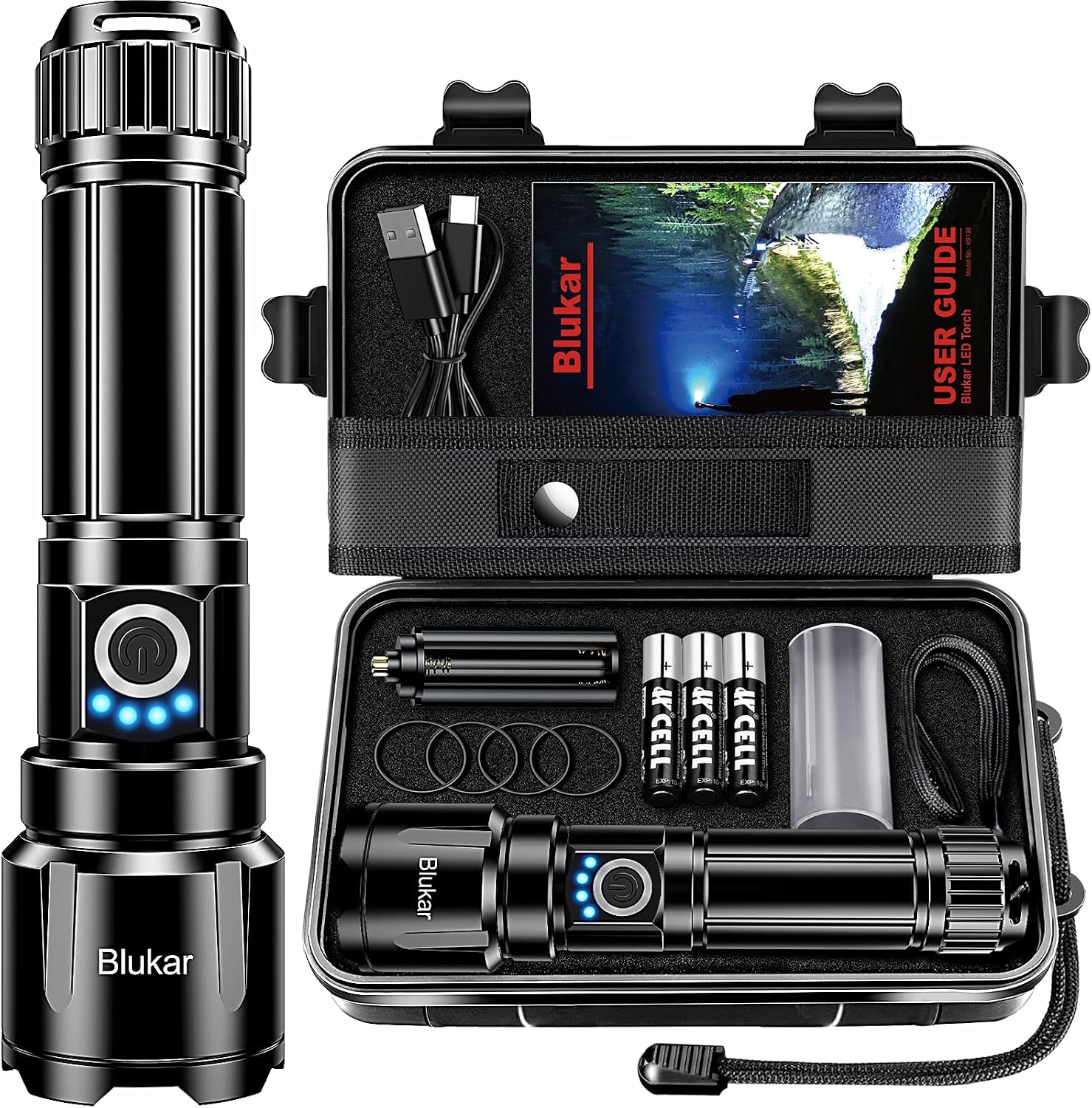 Blukar LED Torch Rechargeable, Ultra High Lumens Super Bright Torches - Adjustable Focus,5 Modes,5000 mAh Long Lasting,IP67 Waterproof,Powerful Handheld Flashlight for Camping,Hiking,Emergency-Black [Energy Class A+++]