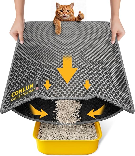 Conlun Cat Litter Mat 58 x 42 cm, Double Layer, Waterproof, Urine Resistant, Washable, Non-Slip Rug Areia Cats, Grey