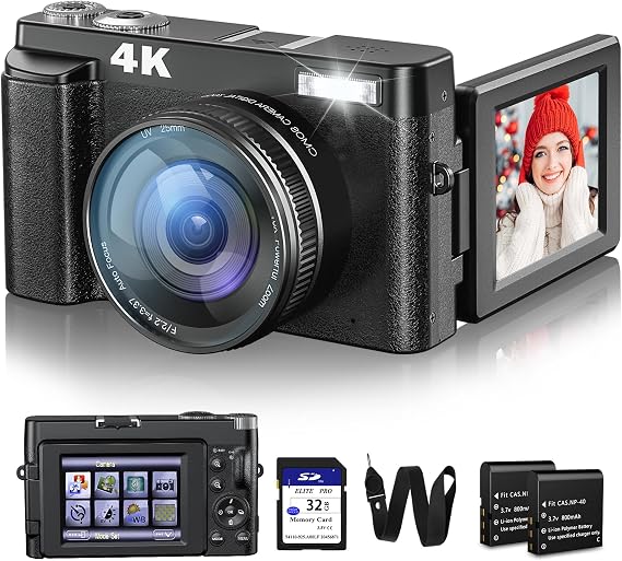 Fulealfly 4K Digital Camera for Photography and Video, 48MP Vlogging Camera with SD Card Autofocus Anti-Shake, 3'' 180° Flip Screen Digital Camera with Flash 16X Zoom, Compact Camera for Travel