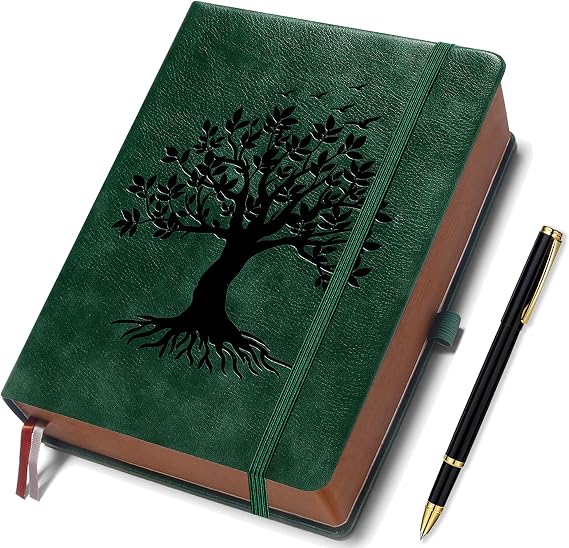 ZXHQ A5 360 Pages Lined Journal Notebooks with Pen, Journals for Women Men Writing Notebook, Tree of Life Design, Fine Inner Pocket - Dark Green