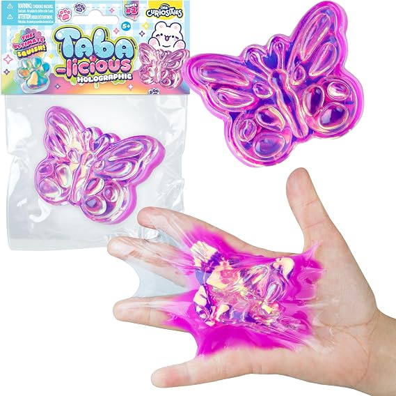 ORB Tabalicious ホログラフィック TABA スクイッシーバタフライ おもちゃ - ホログラフィックサーフェスのかわいい粘着バタフライ TABA スクイーズ - 楽しいスクイッシーストレスボールおもちゃ - 子供と大人のためのかわいい感覚フィジェットおもちゃ