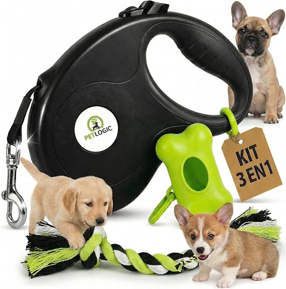 Extendable Dog Leash with Bag Holder and Toy, Complete Heavy Duty Walking Kit for Small and Medium Dogs, Long Flexible Leash for Controlled Walks, Secure Lock