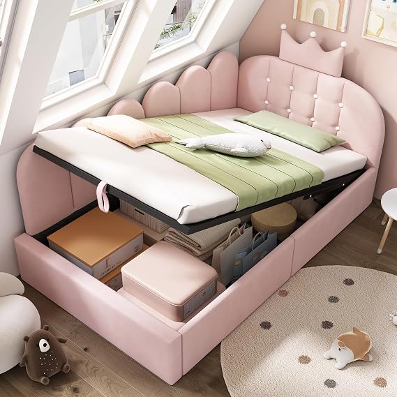 3ft Daybed Single Bed Frame, 90x190 cm, Velvet, Pink, No Mattress