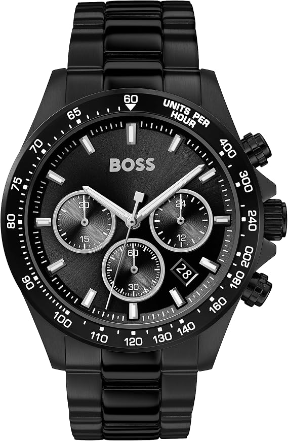 BOSS Herren Chronograph Quarz Uhr 43 mm Hero Kollektion mit Edelstahl Armband Glieder oder Mesh Datumsfunktion 3 Sub-Dials Wasserresistenz 5ATM