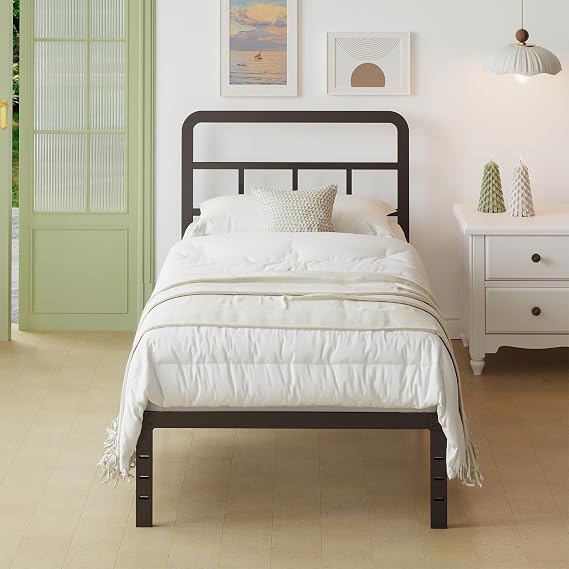 Lutown-Teen Metal Small Single Bed Frame with Headboard, 36 cm High