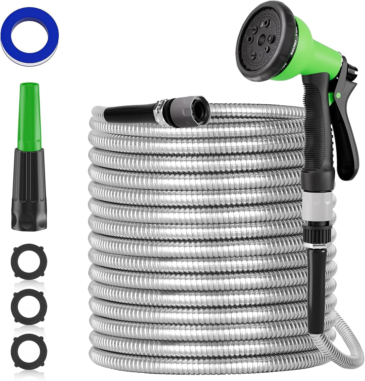 SPECILITE 100ft 304 Stainless Steel Garden Hose, Heavy Duty Flexible Metal Water Pipe with 2 Nozzles for Yard, Outdoor,No Kink and Tangle,Puncture Resistant