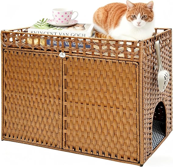 Homegroove Cat Litter Box Enclosure Furniture, Hidden Litter Box with Soft Mat and Fence, Comfortable Handwoven Rattan Cat House with S-Shaped Hooks for Living Room, Bedroom (Walnut)