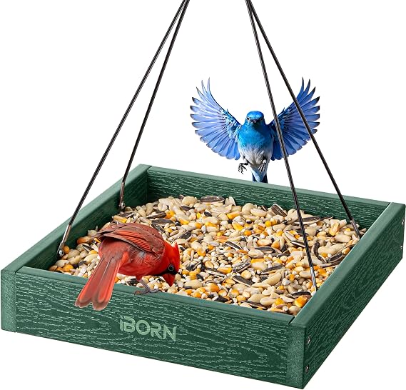 iBorn Platform Bird Feeder Tray, Bird Feeders for Outdoors Hanging, Flat Birdfeeder Tray with Large Capacity 3.6LBS, WPC Recycled Plastic & Cedar Look, Waterproof, 10.5"x10.5", Green