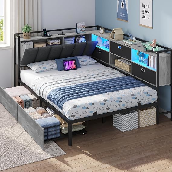 Brinlawb Oak Grey Double Bed Frame, Hidden Storage Headboard, LED, 2AC/2USB