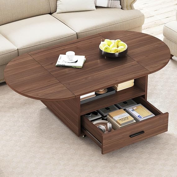 IBF Foldable Coffee Table with Drawer Storage, 47" Wood Oval Living Room Tables, Modern Extendable Center Table for Bedroom, Multifunctional Rolling Tea Table with 4 Wheels for Home, Walunt