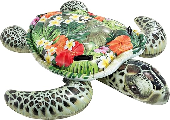 Intex Realistic Photo Printed Inflatable Turtle Ride On 191cm x 170cm, Green Kids Pool Float with Heavy Duty Handles, Sea Turtle Water Toy Max 80kg