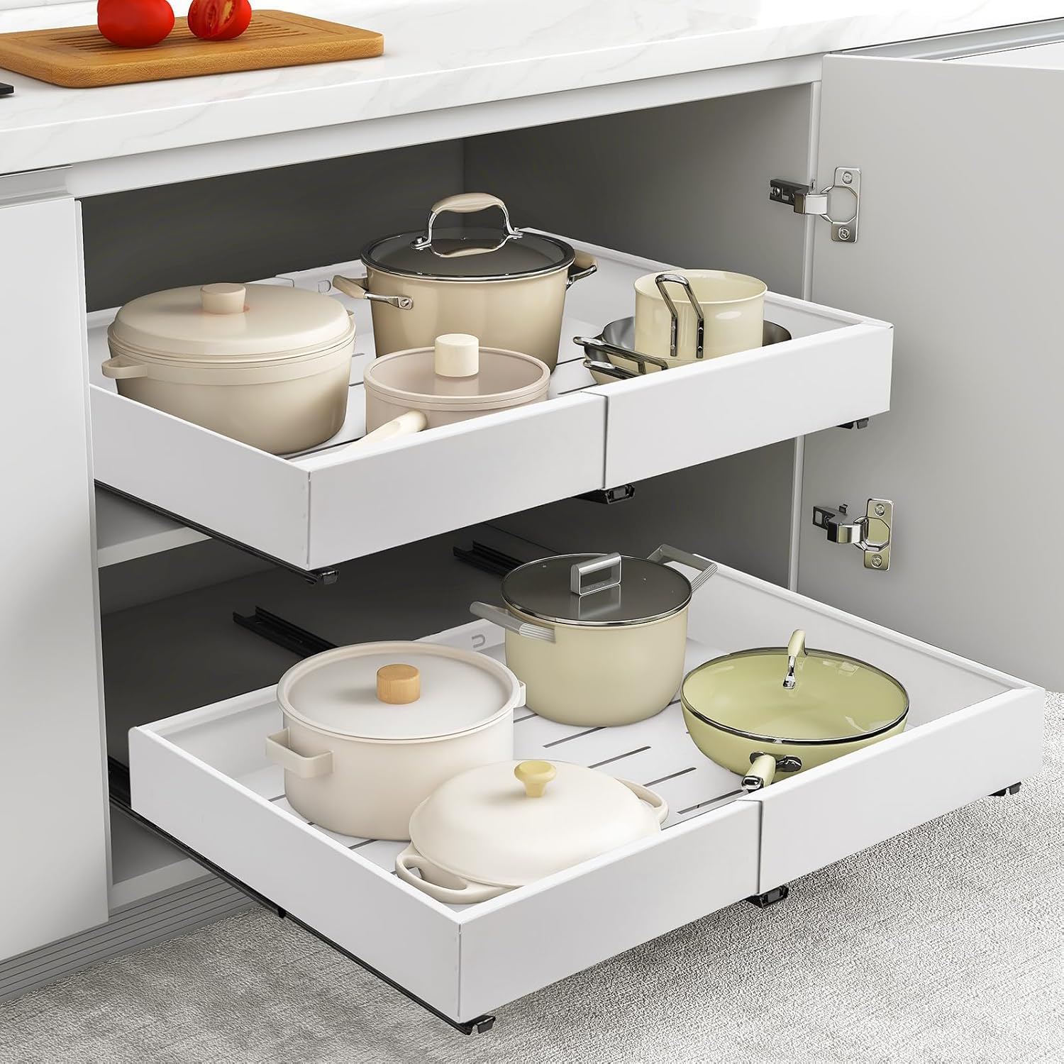 Pull Out Cabinet Organizer, Adjustable Expandable Slide Out Drawer, Roll-Out Sliding Drawer Organiser Shelf for Kitchen & Bathroom Storage,Easy Installation with Adhesive Film White