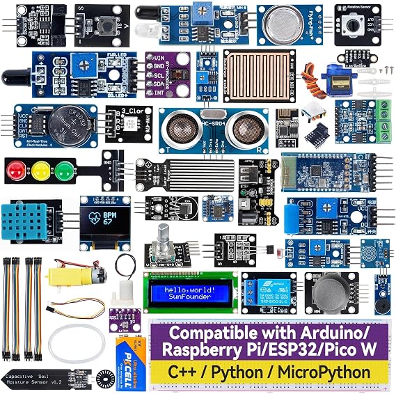 SunFounder Universal Maker Sensor Kit Compatible with Arduino Mega/R3/R4 Minima/WiFi Nano, Raspberry Pi 5/4B/3B+/Zero 2 W/, Pico W, ESP32, C++, Python, MicroPython, Beginners & Engineers