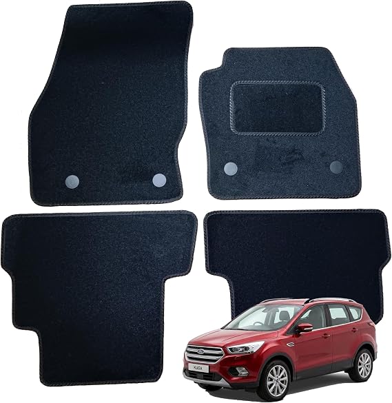 Fully Tailored Car Mats for Ford Kuga MK2 2013-2018, Set of 4 Floor Mats, Black with Black Trim with 4 Safety Clips by Connected Essentials