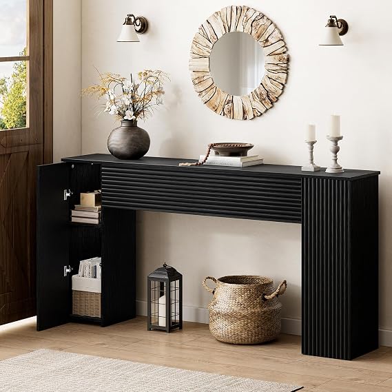 155cm Black Fluted Narrow Console Table with Storage Cabinets
