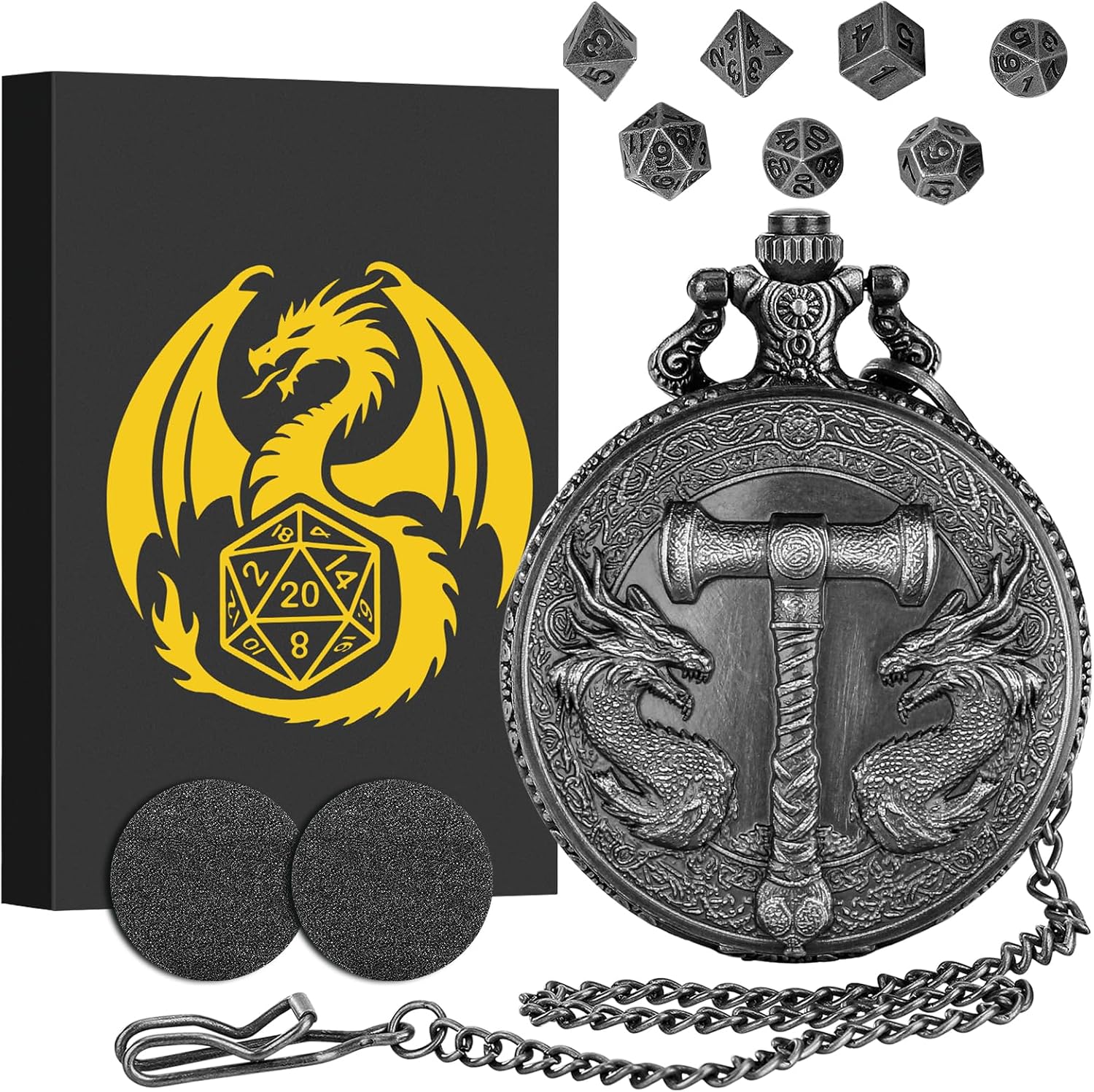 Mini DND Dice Set with Two Dragons Pocket Watch Shell Case, DND Starter Set, 7pcs Polyhedral Mini Metal Dice Set, D&D Gifts with Gift Box, Role Playing Board Game Accessories, Silver
