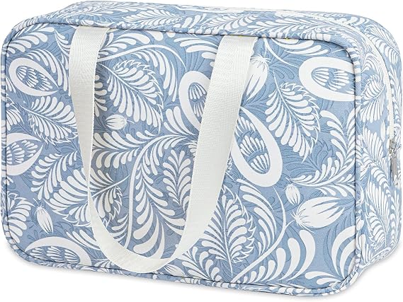 Narwey Toiletry Bag, Large Toiletry Bags for Women, Full Size Wash Bag Women, Large Makeup Bag with Handles, Portable Toiletries Bag for Travel, Make up Cosmetic Organizer for Essentials (Blue Leaf)