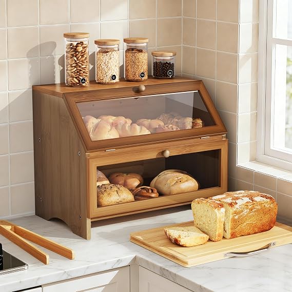 Pamapic Bread Bin, 2-Layer Bamboo Bread Box, Kitchen Storage Box with Cutting Board & Bread Tong, Food Container with Clear Window, Partially pre-installed, 39x25x32cm, Brown