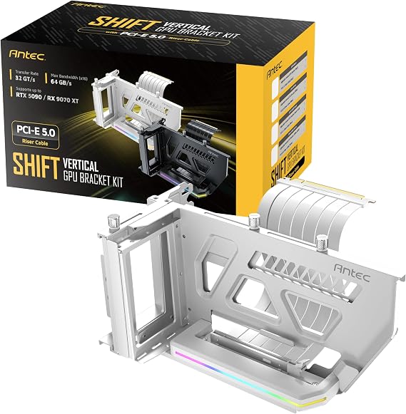 Antec PCIe 5.0 GPU Yükseltici Kablo, RGB Ayarlanabilir Dikey GPU Braketi, PCI Express, Gümüş/Beyaz