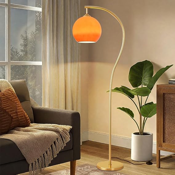 60" Arc Floor Lamp Mid Century Orange Floor Lamp Globe Glass Standing Lamp with E27 3-Color Temperatures Modern Golden Arched Tall Light for Living Room Bedroom Study(Includes Bulb) [Energy Class A+++]