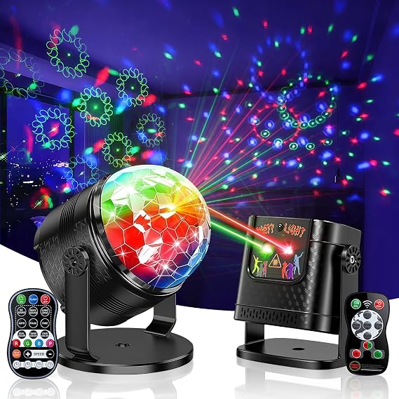 Disco Lights DJ Lights, 360° Rotating Disco Ball + Party Light with Music Control, RGB Disco Light with Remote for Party, Birthday, Karaoke, Christmas, Halloween (2 Pieces) [Energy Class F]