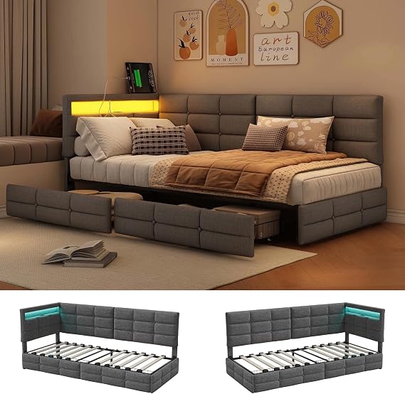BRILVERDE 3FT Single Bed 90x190 with LED and USB, Upholstered Headboard and Storage Drawers, Day Bed, Sofa Bed Frame, For adults and teenagers, Linen (Grey, 90x190 cm)