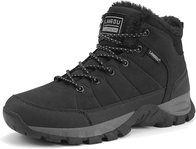 LANGDU Mens Winter Boots Walking Water Resistant Hiking