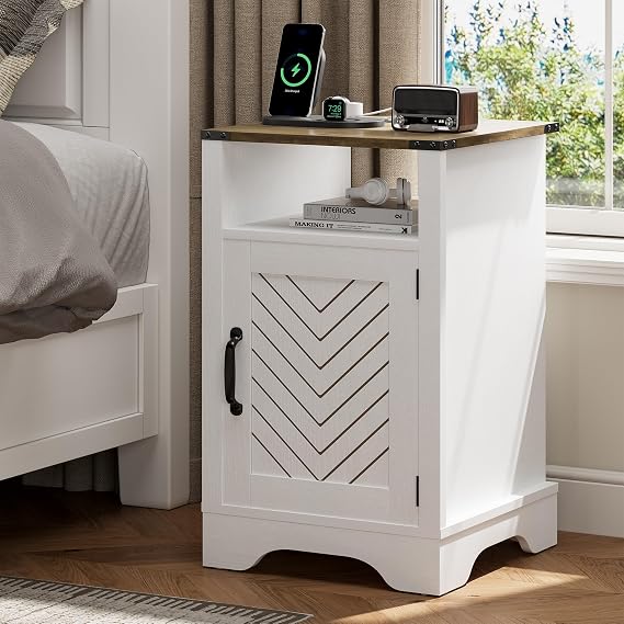 SUNVIVI Bedside Table with Charging Station, 2 AC Outlets & 2 USB Ports, Farmhouse Side Table with X-Design Storage Shelf, Nightstand with Barn Door Elements for Bedroom, Living Room, White