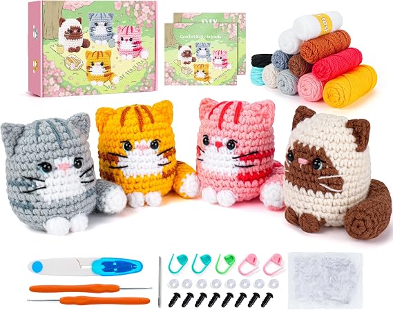 Crochet Kit for Beginners Cat Crochet Animal Kit Complete Animal Crochet with Step-by-Step Video Tutorials Crochet Knitting Cats Crochets Starter Kit Kitten Set Beginners Crochets (Crochet cat 4pcs)