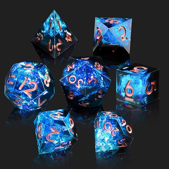 DND Dice Set Resin Sharp Edge Dice Set Handmade 7pcs Polyhedral Dice Set DND RPG MTG Role Playing Game Dice Set D&D Dice with Gift Case for DND Dungeons and Dragon (Blue-Black)