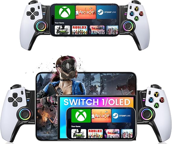 ALEEMTRY Bluetooth Mobile Gaming Controller for iPhone/Android/Tables,Wireless Gamepad for Xbox/Steam/GeForce Now/MFi Apple Arcade/Roblox,Phone Controller with Hall Effect Joystick/RGB