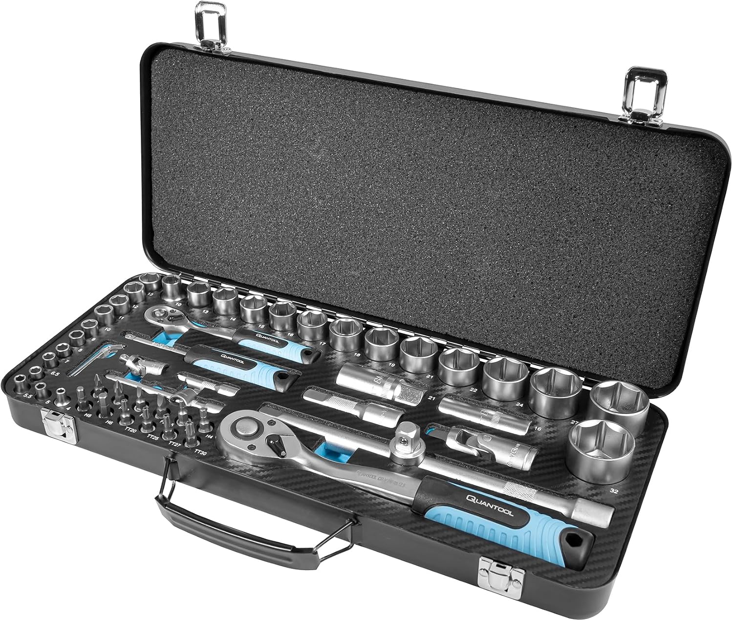 Quantool Q25010 Socket Spanner Bit Set 56 Pieces in Robust Metal Case Reversible Ratchets 1/4 Inch 1/2 Inch Allen Wrench Made of CrV Steel for DIY Workshop and Car Work