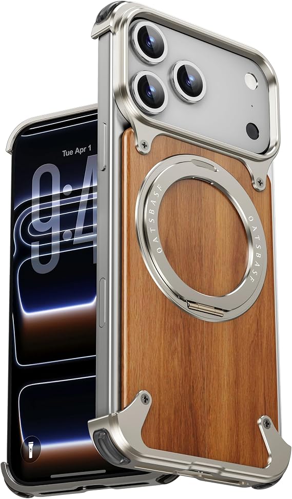 OATSBASF 磁気フレームレスメタル&ウッドケース iPhone 17 Pro用、ミニマリスト。