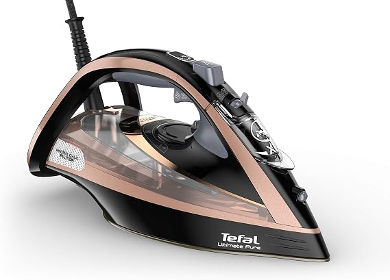 Tefal Ultimate Pure Steam Iron, 3100W, 260g/min Steam Boost, 350ml Water Tank, 3m Cord, Non-Stick Durilium Soleplate, Anti Scale, Anti-drip, Black and Rose Gold FV9845G0
