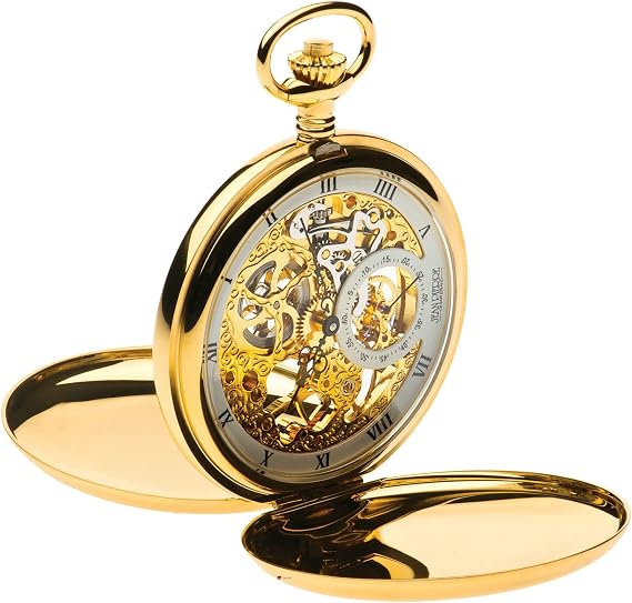I LUV LTD Full Double Hunter Skeleton Pocket Watch 17 Jewelled Mechanical Gold Plated Case