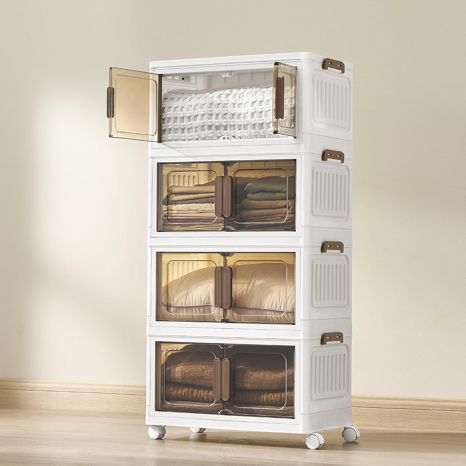 SONGMICS Storage Boxes with Lid, 4-Tier Stackable Organiser with 1 Lid, Plastic Storage Bins on Wheels, Magnetic Door, Home Organisation, White, 25 L per Tier, 100 L Total, RLB445WZ01