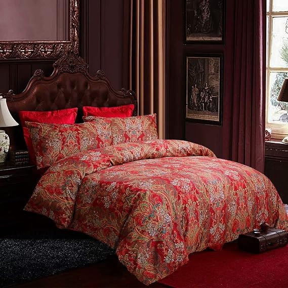 USTIDE 100% Egyptian Cotton Boho Duvet Cover Set, 800 Thread Count Red & Gold Damask Paisley Bedding, 3-Piece Bohemian Style Bed Set, Double Size