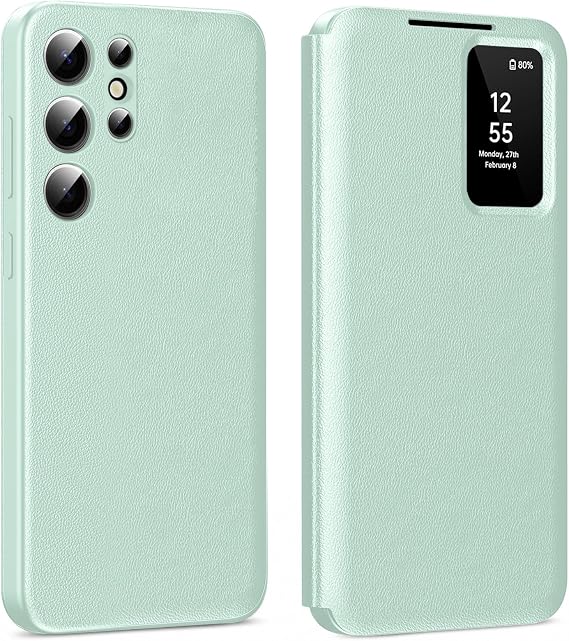 Samsung S25 Ultra 5G ケース スマート スモール スクリーン ビュー、Sビュー ウォレット フォンケース、Samsung Galaxy S25 Ultra用スマートウィンドウカバー、フリップレザー保護スマートビューグリーン