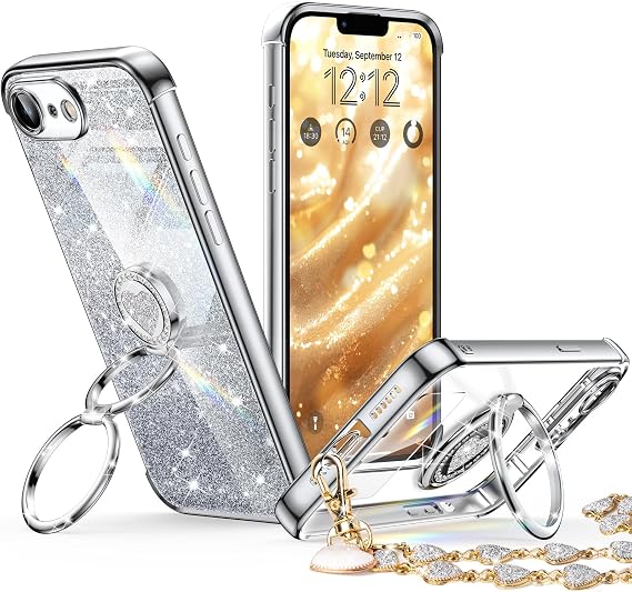 XYZ iPhone 16E スタンド付きケース、ダブルリングキックスタンド付き電話ケース レディース ガールズ キラキラ ラグジュアリー グリッター クリア 携帯電話ケース カバー ハート Apple 16E 2025用、シルバー