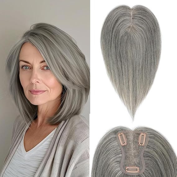Hair Toppers for Women 10 Inch Hairpieces No Bangs Hairline Topper Wiglets Hairpieces for Thinning Hair Swiss Base Mixed Light Grey（Grey）