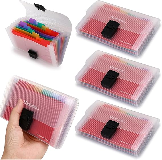 4 Pack Mini Document File A6 7.1 x 4.45 x 1.1 Inch Rainbow Expanding Folder 13 Pocket File Organizer 12 Labels Index