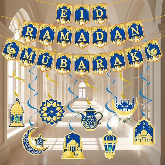 35PCS Ramadan Decorations, Eid Ramadan Mubarak Banner and Foil Hanging Swirl Streams Ceiling Decor for Home, Shining Gold Star Moon Lanterns Castles Ornament for Islamic Muslim Al-Fitr Party Supplies