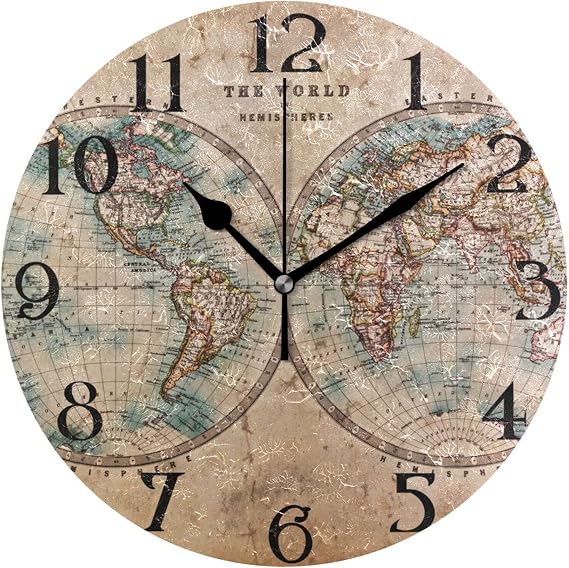 Mnsruu Large Wall Clocks, Ancient Stained World Map Non Ticking 25cm Clock Silent Clocks Atomic Analog Clocks Living Room Kitchen Bedroom Office Home Decor Easy to Read