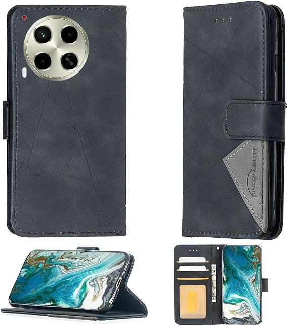 Aroepurt Case Compatible for Tecno Camon 30 Premier 5g Phone Case Cover [with Tempered Glass Screen Protector] Flip Stand Cover PU Leather Wallet Case Black