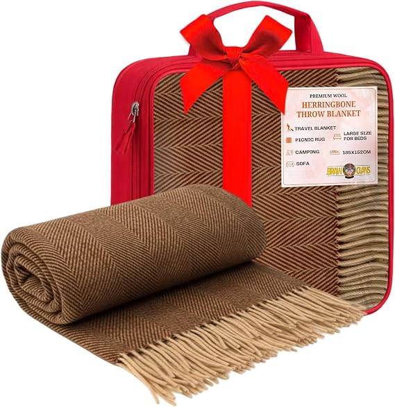 Premium wool Herringbone Throw - Blanket colour Chestnut Brown - 185x152cm - Soft, Durable Recycled - Winter Travel, Sofa, Picnic Rug - Large size for Beds & Camping