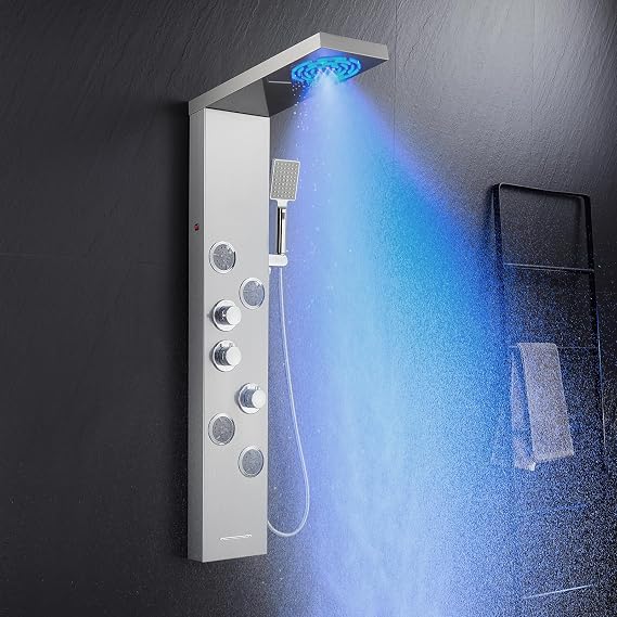Thermostatic Shower Tower Panel System - 6 Modes Shower Column with LED Rain＆Mist, 4 Massage Body Jets, Handset and Bath Spout, 304 Stainless Steel, Brushed