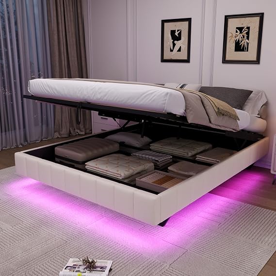 4ft6 Double Floating Bed Frame with Hydraulic Storage & Smart RGB LED Lights, No Headboard Upholstered Ottoman Lift Up Storage Bed with Solid Wood Slats, Linen Fabric Platform Bed, Beige, No Mattress