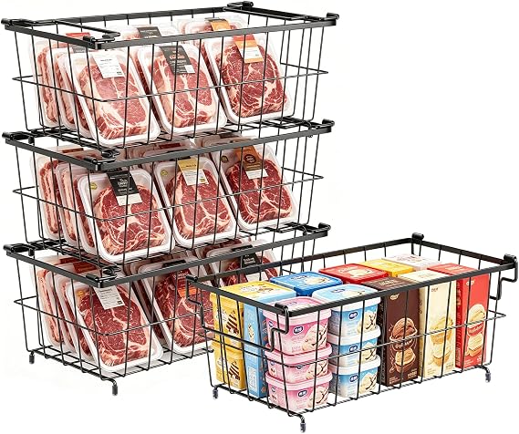 Stackable Chest Freezer Baskets, 4-Pack Organiser Storage Boxes