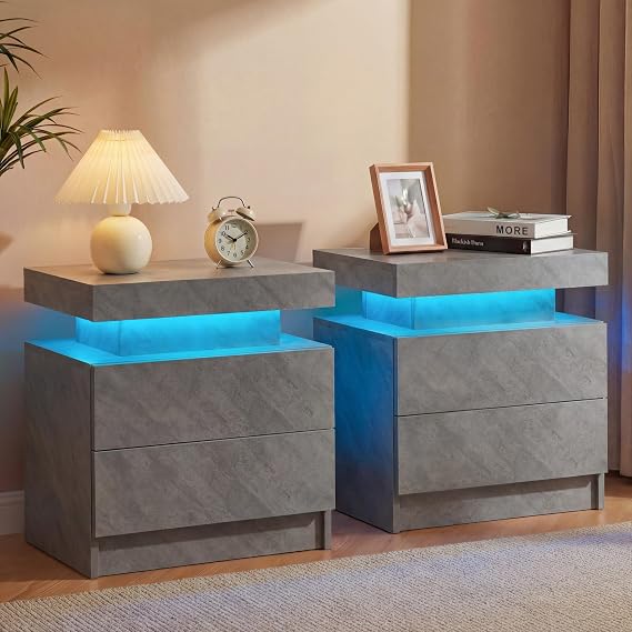 Cubehom LED Bedside Table with 2 Drawers Modern Bedside Table LED Nightstands for Bedroom (Gray, 2PCS)
