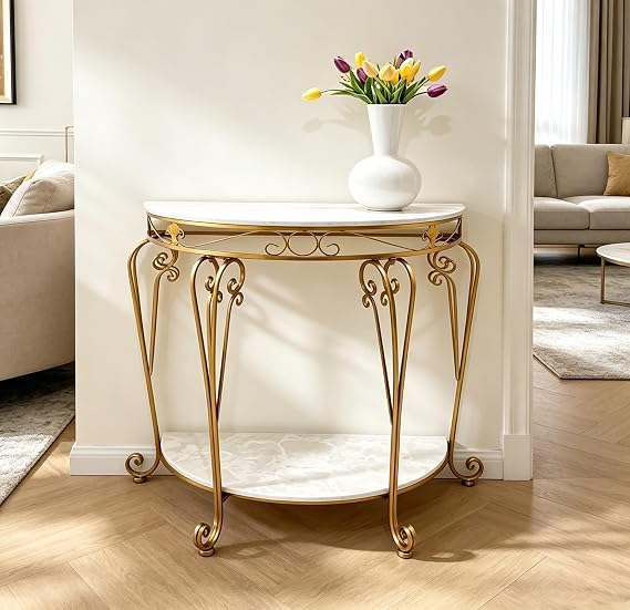 Half Moon Console Table, Modern Entryway Table with Metal Legs